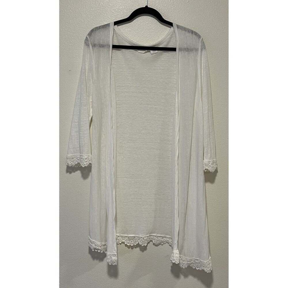 Rachel Ashwell Linen Blend Cardigan Size Large Crochet Lace Trim Boho Beach